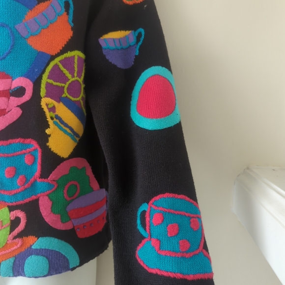 Rare vintage chunky embroidered cropped cardigan Michael Symon women's small tea - Picture 6 of 10